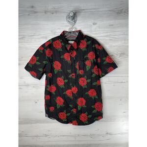 Eighth Avenue Shirt Mens Large Black Red Rose Floral Button Up Cotton Casual